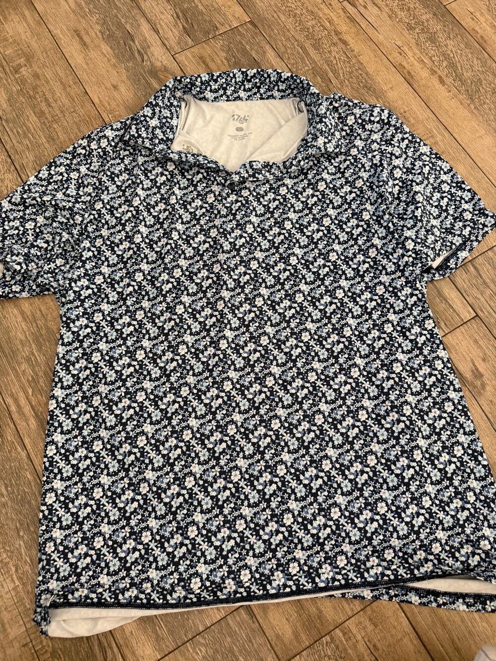 1764 Polo Shirt Size Large Black Stretch Blossom Floral Collared Pullover